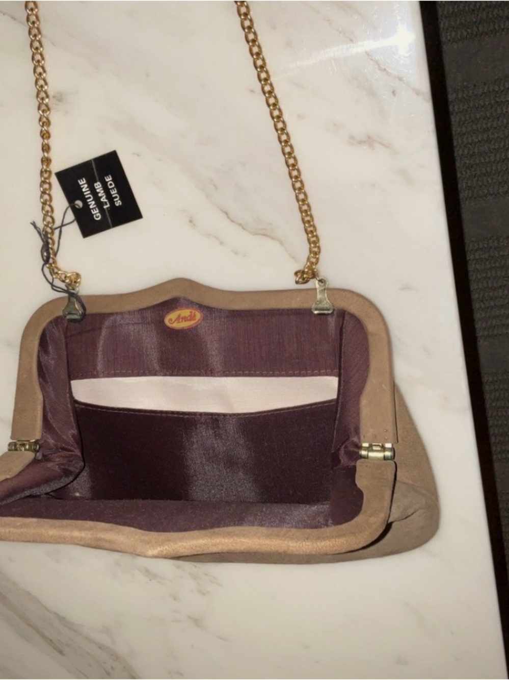 Ande Suede Frame Shoulder Bag in Taupe with Gold Chain